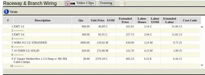 Sanitized Red Rhino takeoff section showing products, quantities, material prices, labor units, and cost codes.