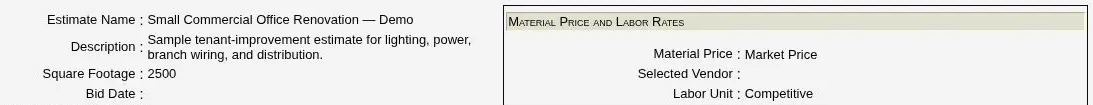 Sanitized Red Rhino estimate showing project details and material-price and labor settings.