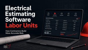 Electrical estimating software showing labor units, takeoff, assemblies, and recap review